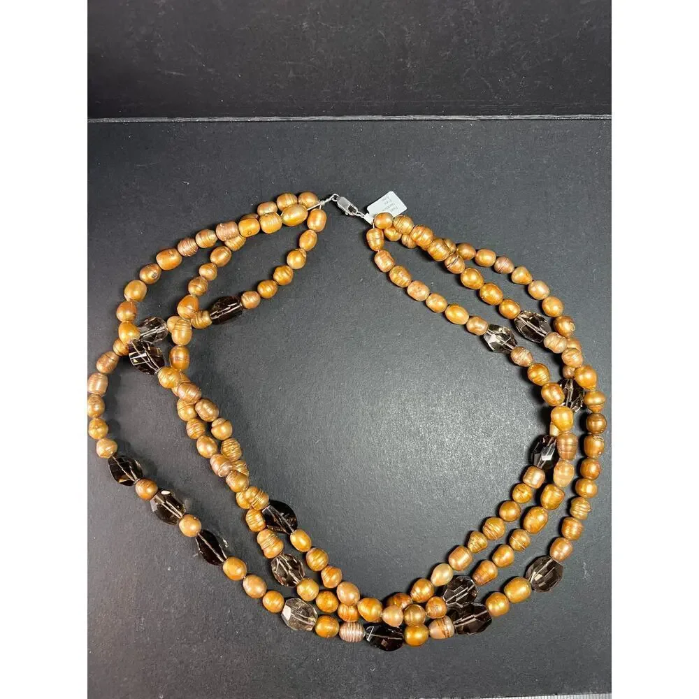 NEW smoky quartz and pearl multi strand necklace with sterling silver clasp
